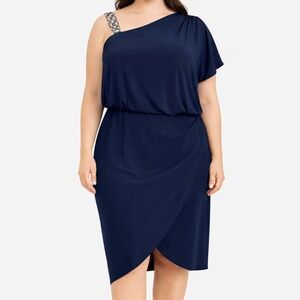 Betsy & Adam -  One-Shoulder Beaded High-Low Midi Dress